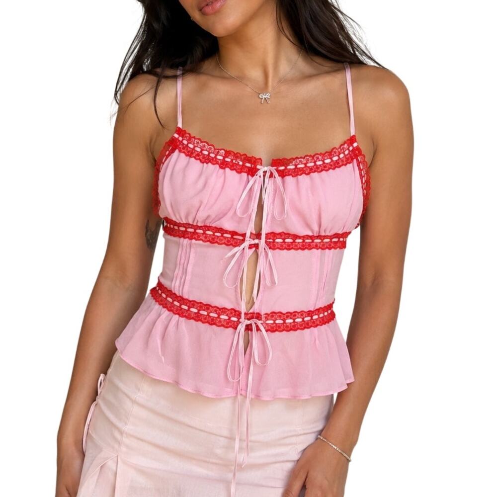 Kimchi Blue Ivy Lace Inset Cami Pink Red Tie Front Urban Outfitters XS S